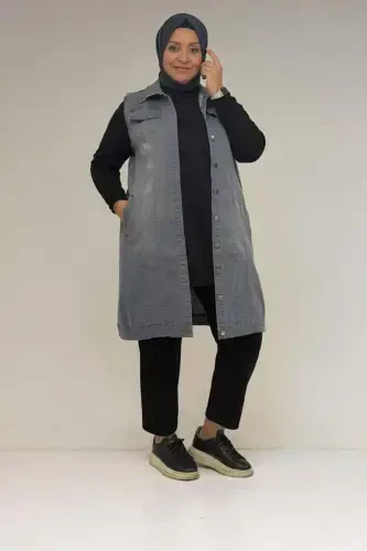 44002-1 Plus Size Double Pocket Spray Sandblasted Detailed Denim Vest - Gray - 3