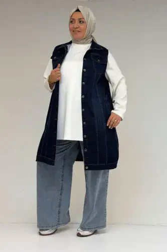 44002-1 Plus Size Double Pocket Spray Sandblasted Detailed Denim Vest - Navy Blue - 1