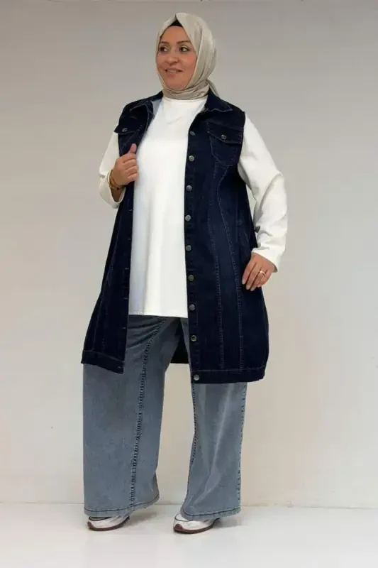 44002-1 Plus Size Double Pocket Spray Sandblasted Detailed Denim Vest - Navy Blue - 1