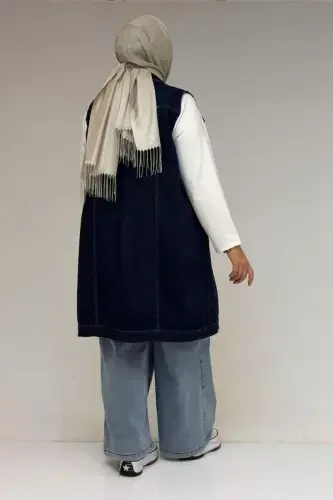 44002-1 Plus Size Double Pocket Spray Sandblasted Detailed Denim Vest - Navy Blue - 3