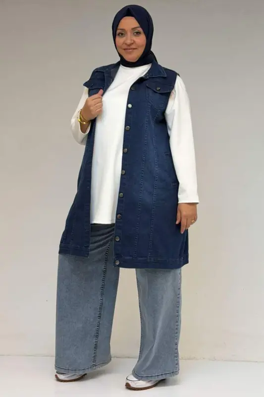 44002-1 Plus Size Double Pocket Spray Sanding Detailed Denim Vest -Blue - BÜYÜKBEDENIZ