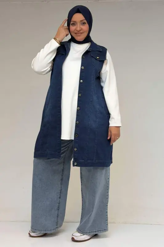 44002-1 Plus Size Double Pocket Spray Sanding Detailed Denim Vest -Blue - 3