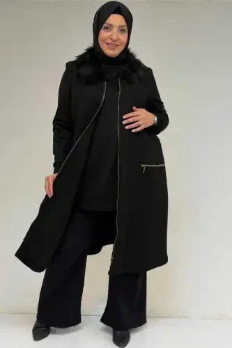 44006 Plus Size Zippered Three Thread Vest - Black - 1