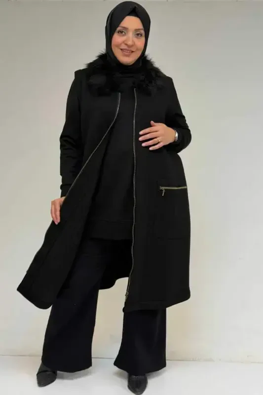 44006 Plus Size Zippered Three Thread Vest - Black - BÜYÜKBEDENIZ