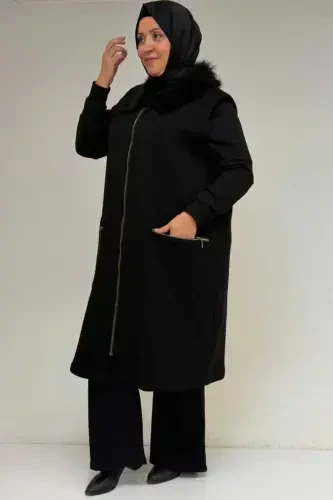 44006 Plus Size Zippered Three Thread Vest - Black - BÜYÜKBEDENIZ (1)