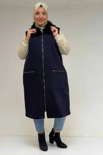 44006 Plus Size Zippered Three Thread Vest - Navy Blue - 1