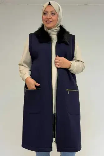 44006 Plus Size Zippered Three Thread Vest - Navy Blue - BÜYÜKBEDENIZ (1)