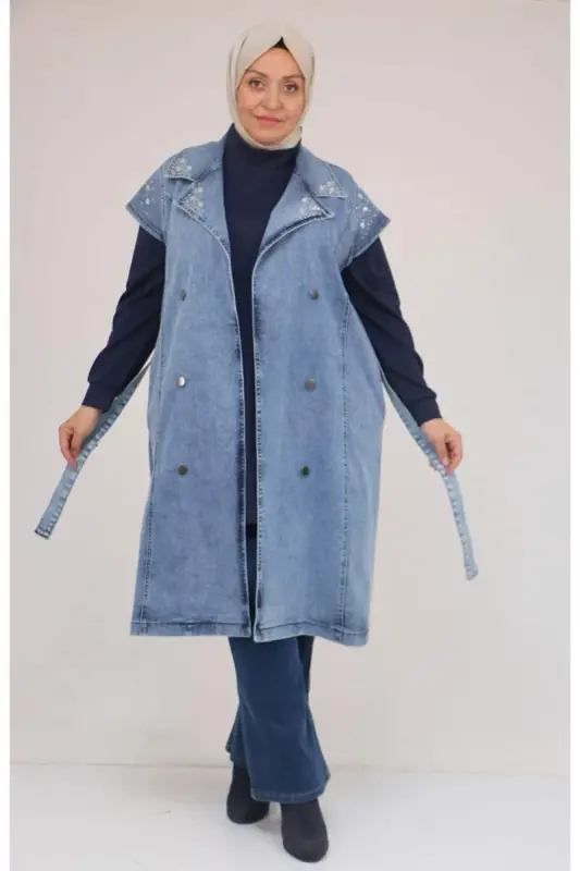 44010 Plus Size Denim Vest with Stone Detail on Collar and Shoulder - Blue - 1