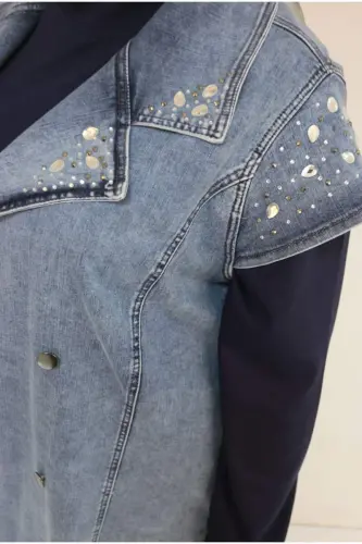 44010 Plus Size Denim Vest with Stone Detail on Collar and Shoulder - Blue - BÜYÜKBEDENIZ (1)