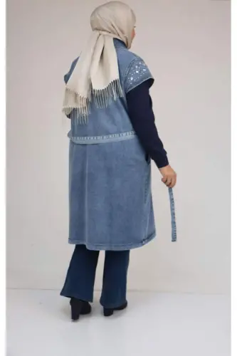 44010 Plus Size Denim Vest with Stone Detail on Collar and Shoulder - Blue - 3