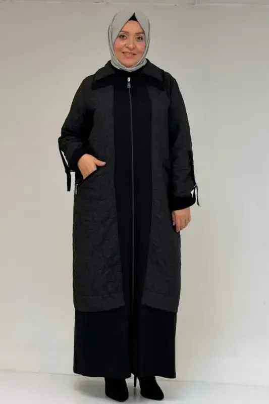 46018 Plus Size Zipper Pocket Modal-Quilted Coat - Black-Black - BÜYÜKBEDENIZ