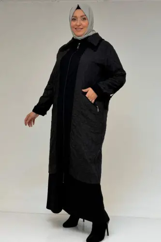 46018 Plus Size Zipper Pocket Modal-Quilted Coat - Black-Black - BÜYÜKBEDENIZ (1)