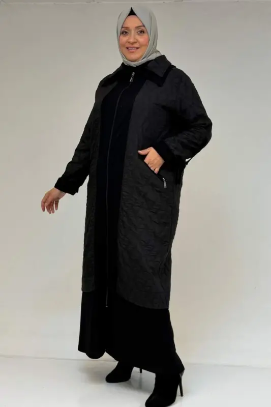 46018 Plus Size Zipper Pocket Modal-Quilted Coat - Black-Black - 2