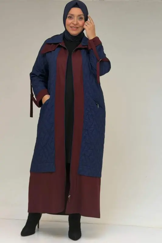 46018 Plus Size Zipper Pocket Modal-Quilted Coat - Indigo-Burgundy - BÜYÜKBEDENIZ
