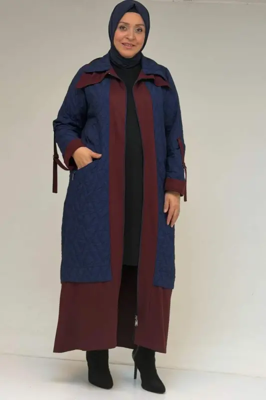 46018 Plus Size Zipper Pocket Modal-Quilted Coat - Indigo-Burgundy - 2