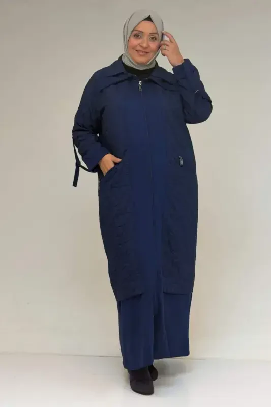 46018 Plus Size Zipper Pocket Modal-Quilted Coat - Indigo-Indigo - 1