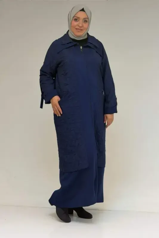 46018 Plus Size Zipper Pocket Modal-Quilted Coat - Indigo-Indigo - 2