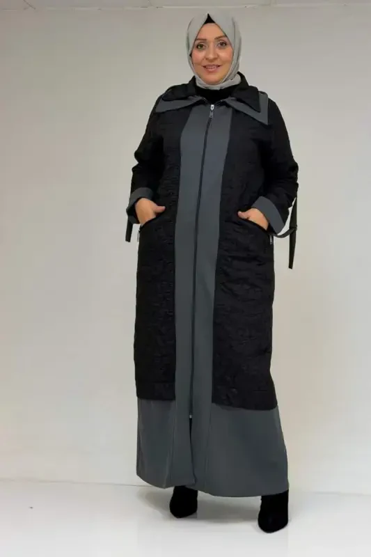 46018 Plus Size Zippered Modal-Quilted Coat - Black-Anthracite - BÜYÜKBEDENIZ