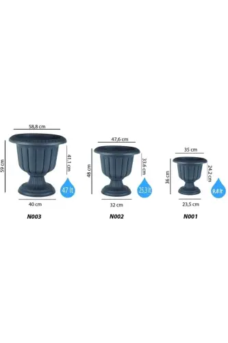 47 Litre Ø59x59cm Ayaklı Deliksiz Mat Antrasit Gri Dekoratif Plastik Saksı No3 - 47Lt Antrasit - TOXA (1)