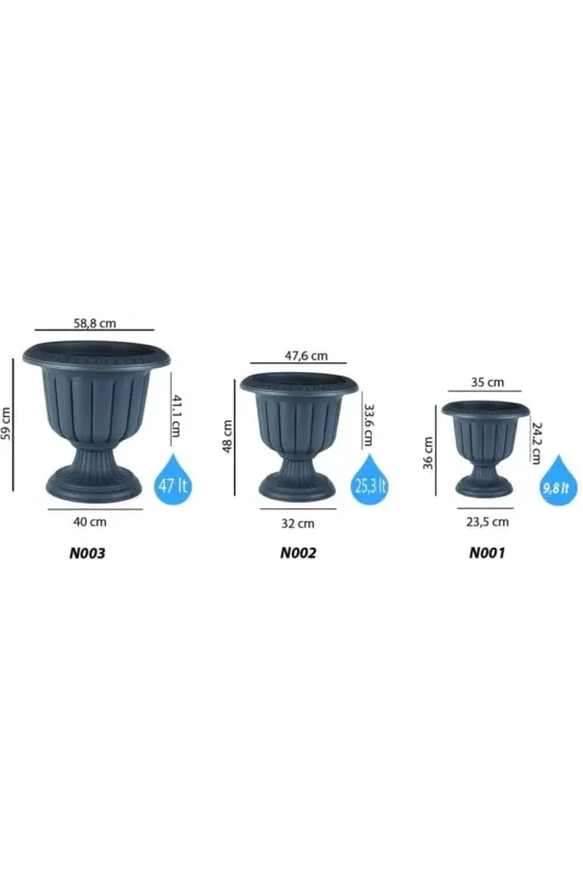 47 Litre Ø59x59cm Ayaklı Deliksiz Mat Antrasit Gri Dekoratif Plastik Saksı No3 - 47Lt Antrasit - 2