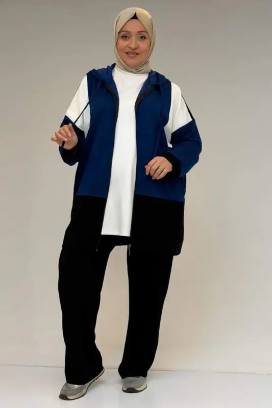 47056 Büyük Beden Garnili Boydan Fermuarlı Pantolonlu Modal Takım - İndigo-Siyah - 1