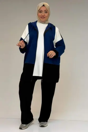 47056 Plus Size Embellished Full Zippered Pants Modal Suit - Indigo-Black - 1