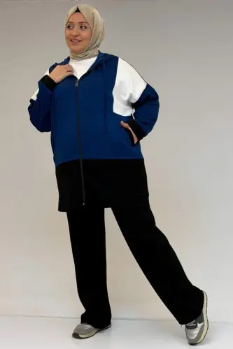 47056 Plus Size Embellished Full Zippered Pants Modal Suit - Indigo-Black - 2