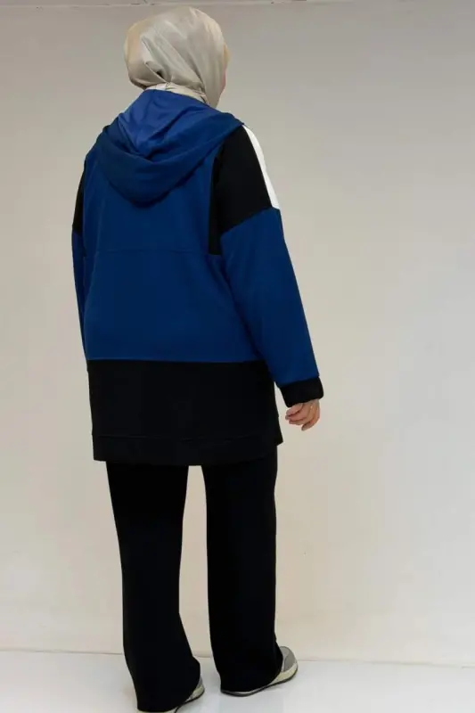 47056 Plus Size Embellished Full Zippered Pants Modal Suit - Indigo-Black - 3