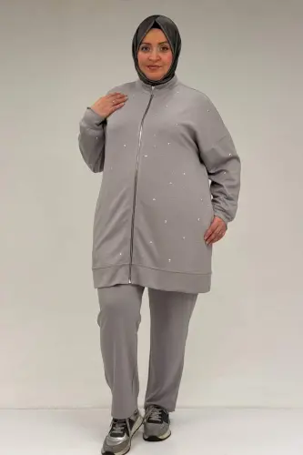 47070 Büyük Beden Önü Taş Detaylı Modal Pantolonlu Takım - Gri - 1
