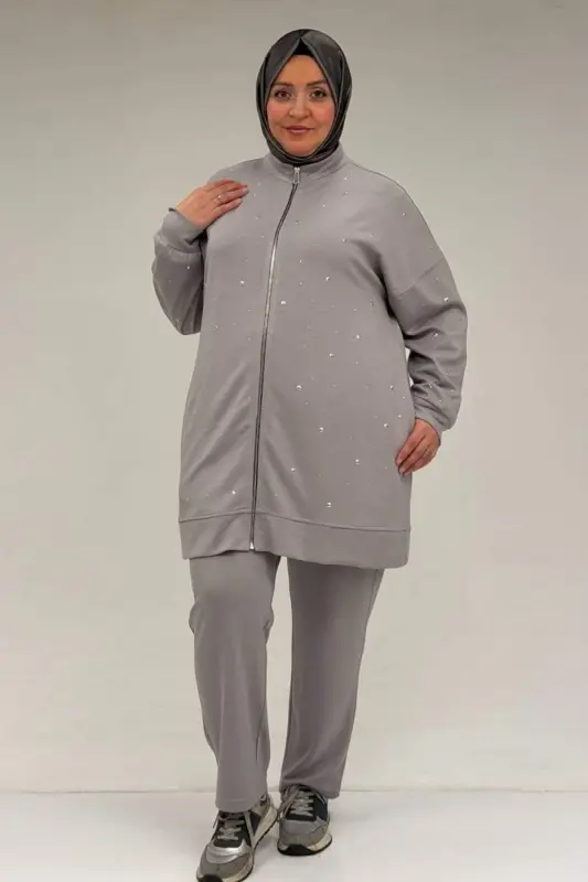 47070 Büyük Beden Önü Taş Detaylı Modal Pantolonlu Takım - Gri - 1