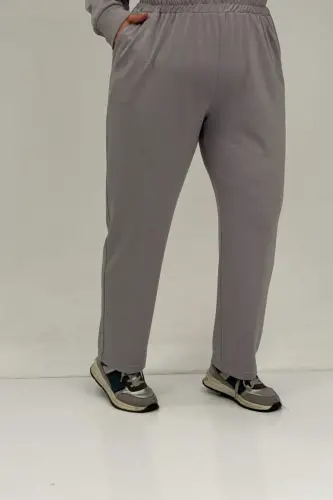 47070 Büyük Beden Önü Taş Detaylı Modal Pantolonlu Takım - Gri - 3