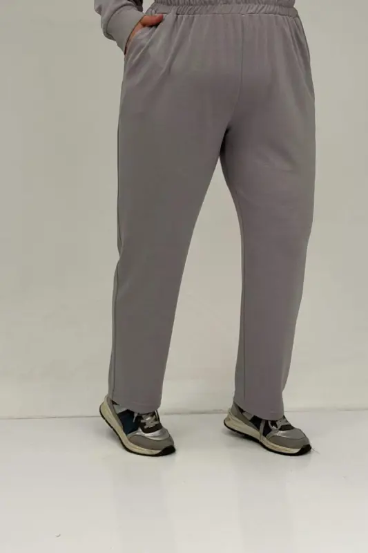 47070 Büyük Beden Önü Taş Detaylı Modal Pantolonlu Takım - Gri - 3