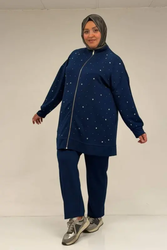 47070 Büyük Beden Önü Taş Detaylı Modal Pantolonlu Takım - İndigo - BÜYÜKBEDENIZ