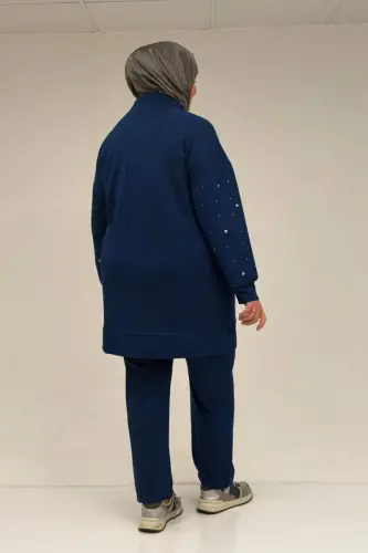 47070 Büyük Beden Önü Taş Detaylı Modal Pantolonlu Takım - İndigo - 3