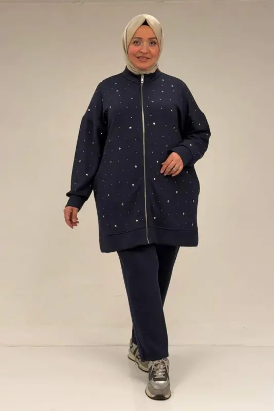 47070 Büyük Beden Önü Taş Detaylı Modal Pantolonlu Takım - Lacivert - BÜYÜKBEDENIZ