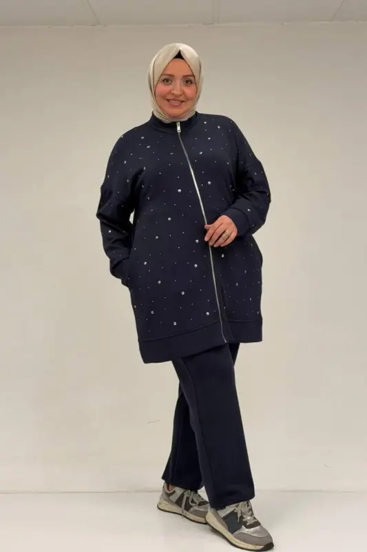 47070 Büyük Beden Önü Taş Detaylı Modal Pantolonlu Takım - Lacivert - 3