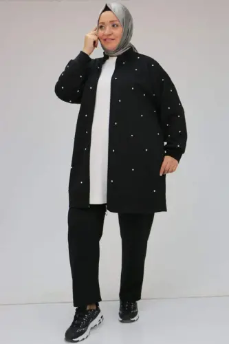 47070 Büyük Beden Önü Taş Detaylı Modal Pantolonlu Takım - Siyah - 1