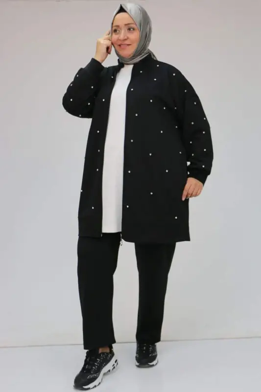 47070 Büyük Beden Önü Taş Detaylı Modal Pantolonlu Takım - Siyah - BÜYÜKBEDENIZ