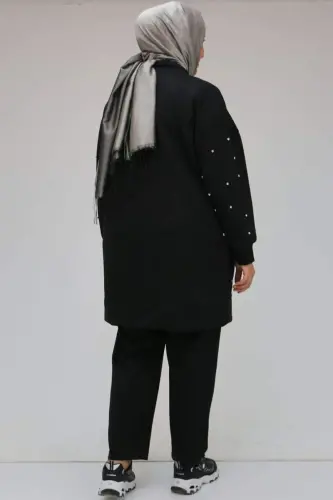 47070 Büyük Beden Önü Taş Detaylı Modal Pantolonlu Takım - Siyah - 3