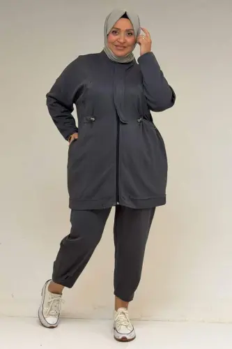 47076 Plus Size Elastic Waist Detail Half Placket Trouser Suit - Anthracite - 1