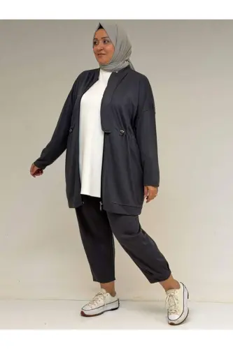 47076 Plus Size Elastic Waist Detail Half Placket Trouser Suit - Anthracite - 3