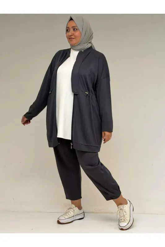 47076 Plus Size Elastic Waist Detail Half Placket Trouser Suit - Anthracite - 3