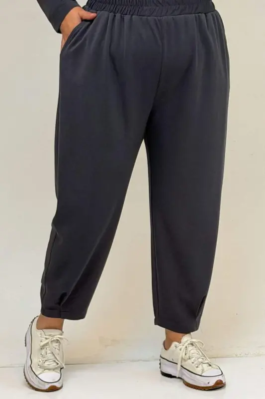 47076 Plus Size Elastic Waist Detail Half Placket Trouser Suit - Anthracite - 4