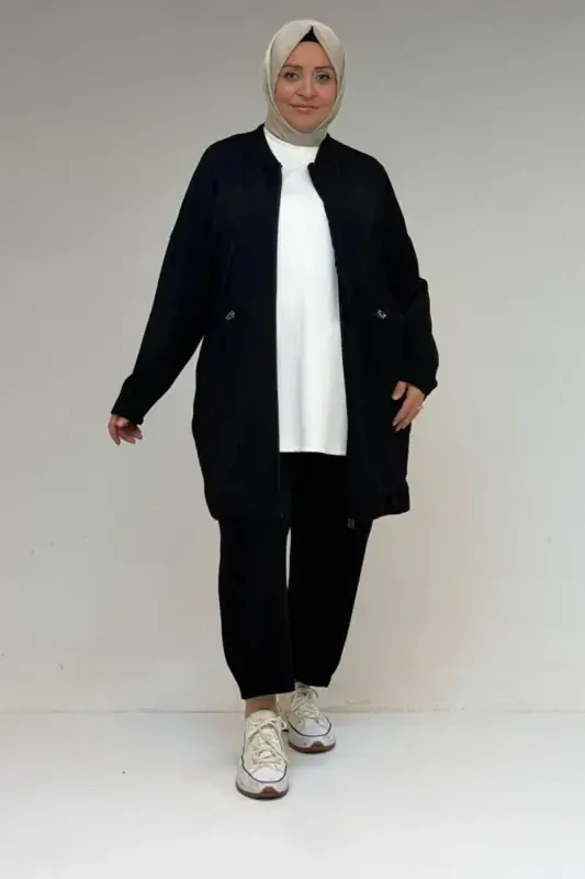 47076 Plus Size Elastic Waist Detailed Half Buttoned Trousers Set - Black - BÜYÜKBEDENIZ