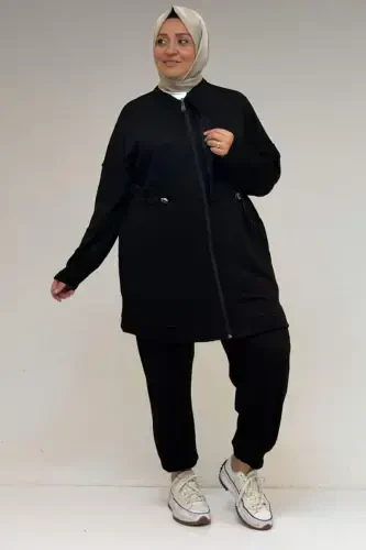 47076 Plus Size Elastic Waist Detailed Half Buttoned Trousers Set - Black - 3