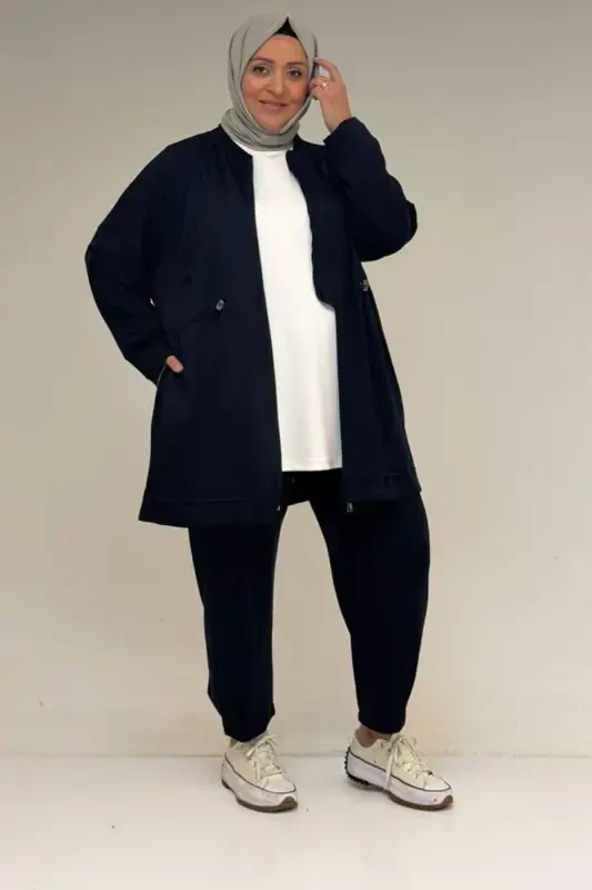 47076 Plus Size Elastic Waist Detailed Half Placket Trouser Suit - Navy Blue - BÜYÜKBEDENIZ