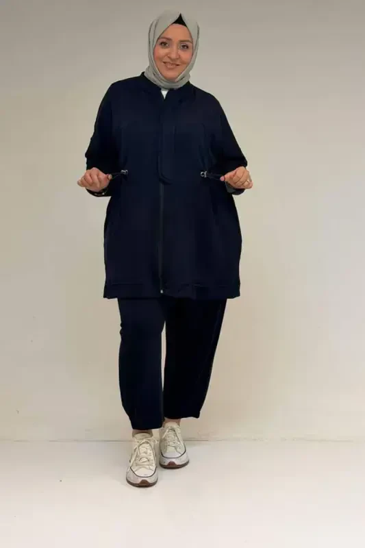 47076 Plus Size Elastic Waist Detailed Half Placket Trouser Suit - Navy Blue - 3