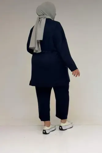 47076 Plus Size Elastic Waist Detailed Half Placket Trouser Suit - Navy Blue - 4