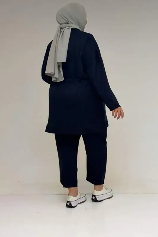 47076 Plus Size Elastic Waist Detailed Half Placket Trouser Suit - Navy Blue - 4