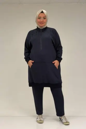 47088 Büyük Beden Omzu Taş Detaylı Pantolonlu Takım - Lacivert - 2